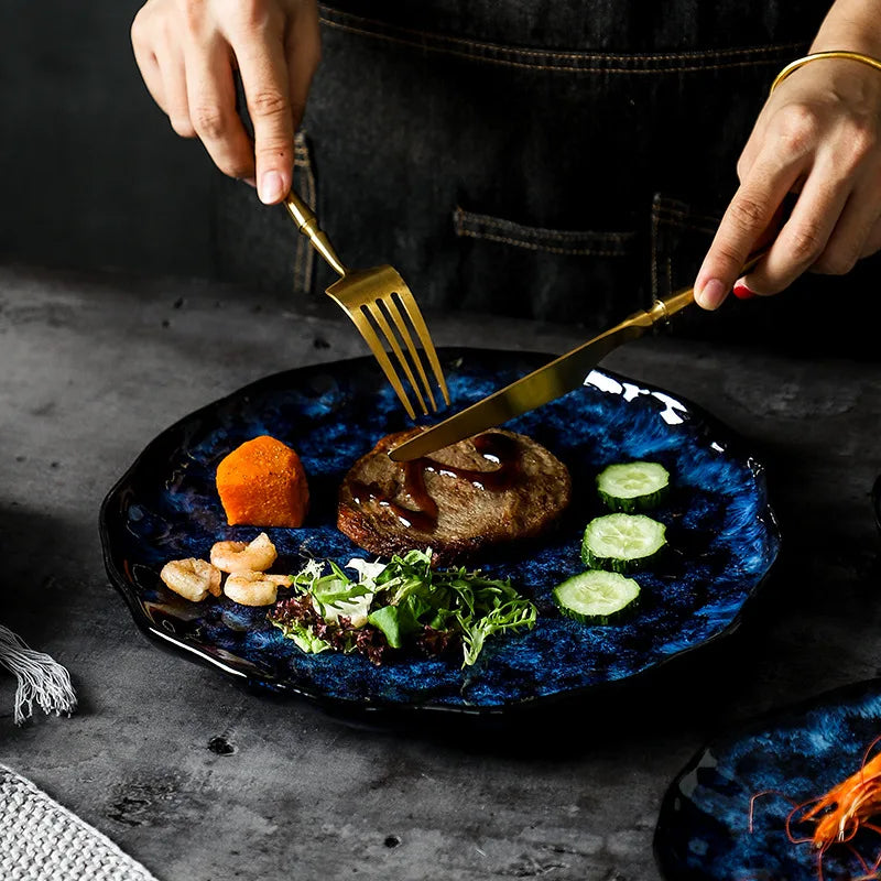 Ceramic Dinnerware Set - Blue Japanese Retro Kiln-Changed Plates and Bowls
