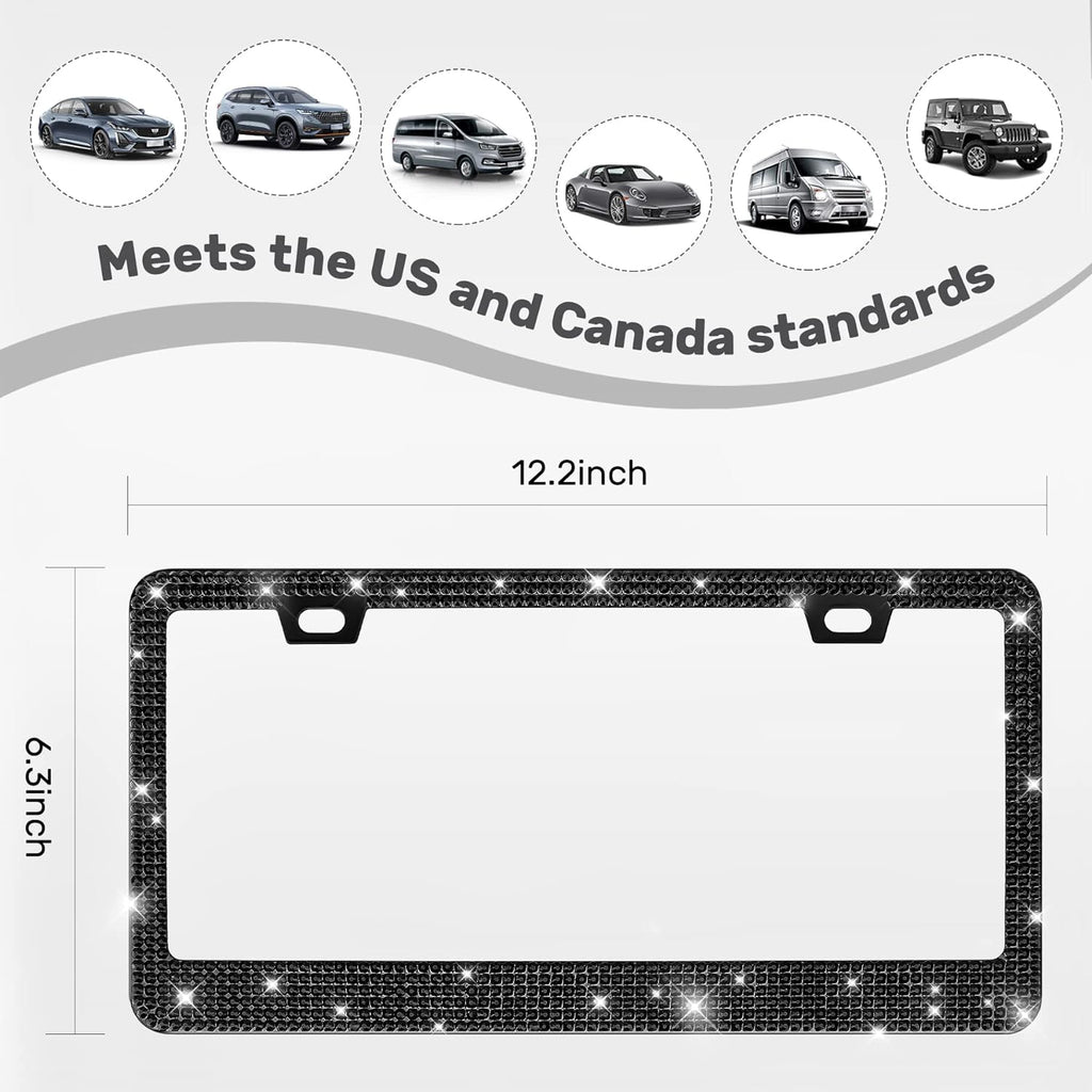 Set of 2 Rhinestone License Plate Frames, Elegant Stainless Steel Car Accessories with Glittering Crystal Caps (Black)
