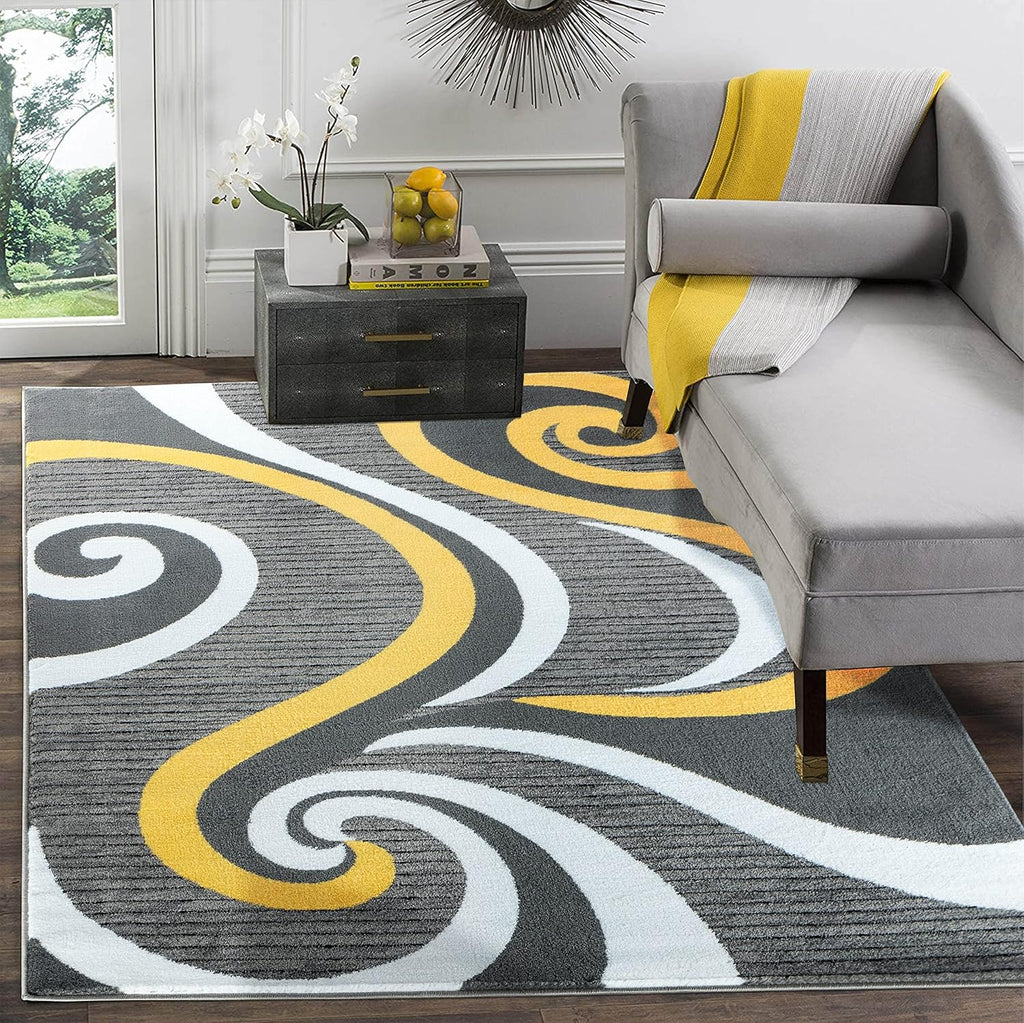 Sevilla Collection 4817A Modern Area Rug with Swirl Design, Yellow, 4' x 6' for Bedroom, Living Room, and Dining Area
