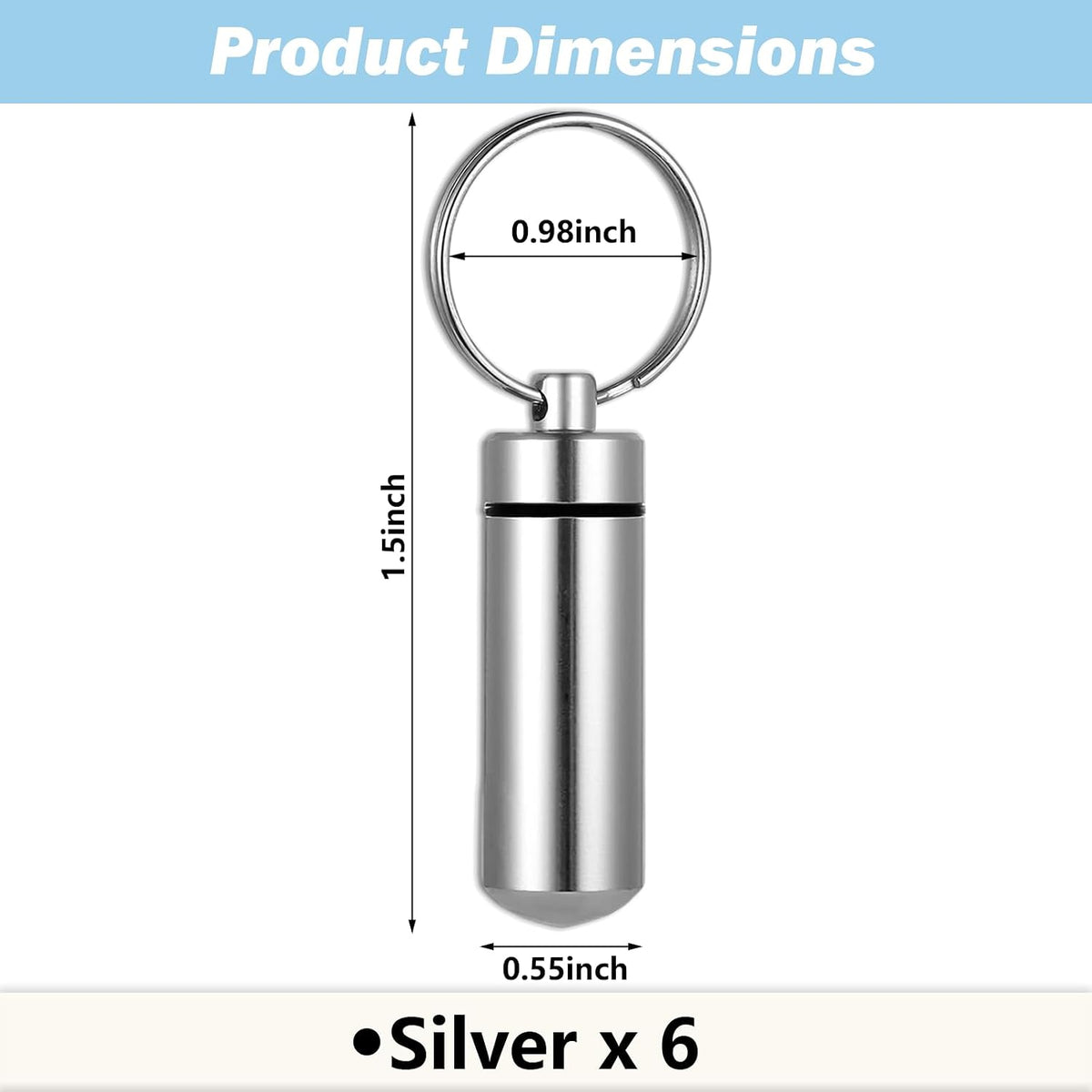 6-Pack Silver Cylinder Urn Keychains for Ashes - Waterproof Memorial Vials for Human or Pet Cremation Ashes, Hair, and Small Keepsakes with Secure Screw-Top Design