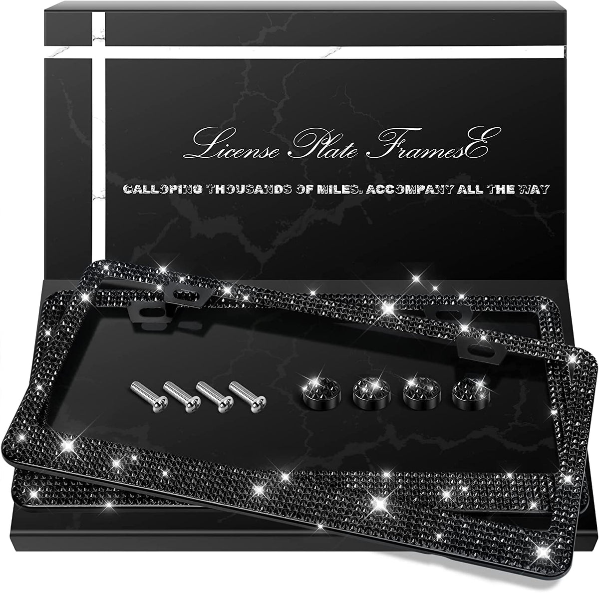 Set of 2 Rhinestone License Plate Frames, Elegant Stainless Steel Car Accessories with Glittering Crystal Caps (Black)