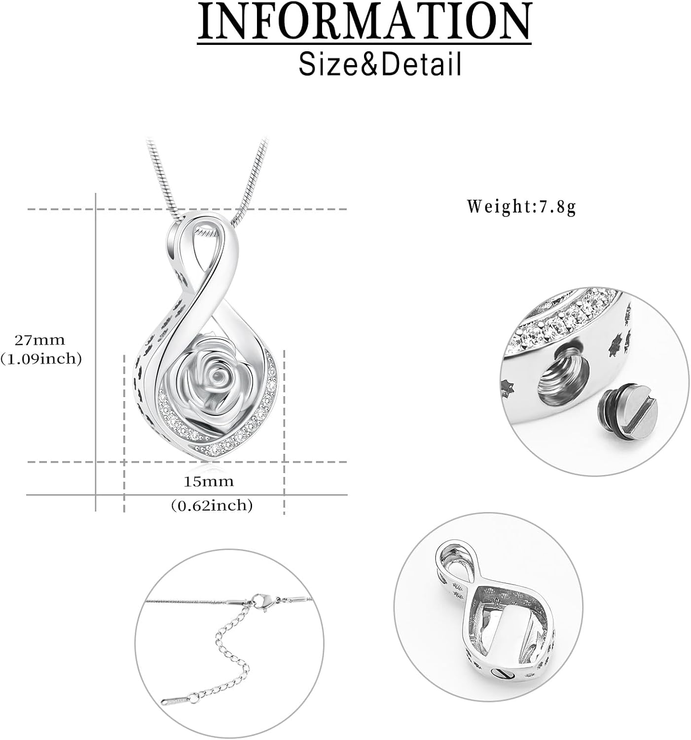 Cherish Their Memory: Elegant Roseflower Infinity Urn Necklace for Ashes - A Heartfelt Memorial Keepsake for Women and Pets