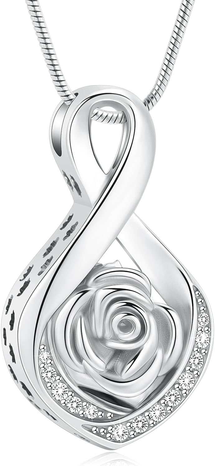 Cherish Their Memory: Elegant Roseflower Infinity Urn Necklace for Ashes - A Heartfelt Memorial Keepsake for Women and Pets