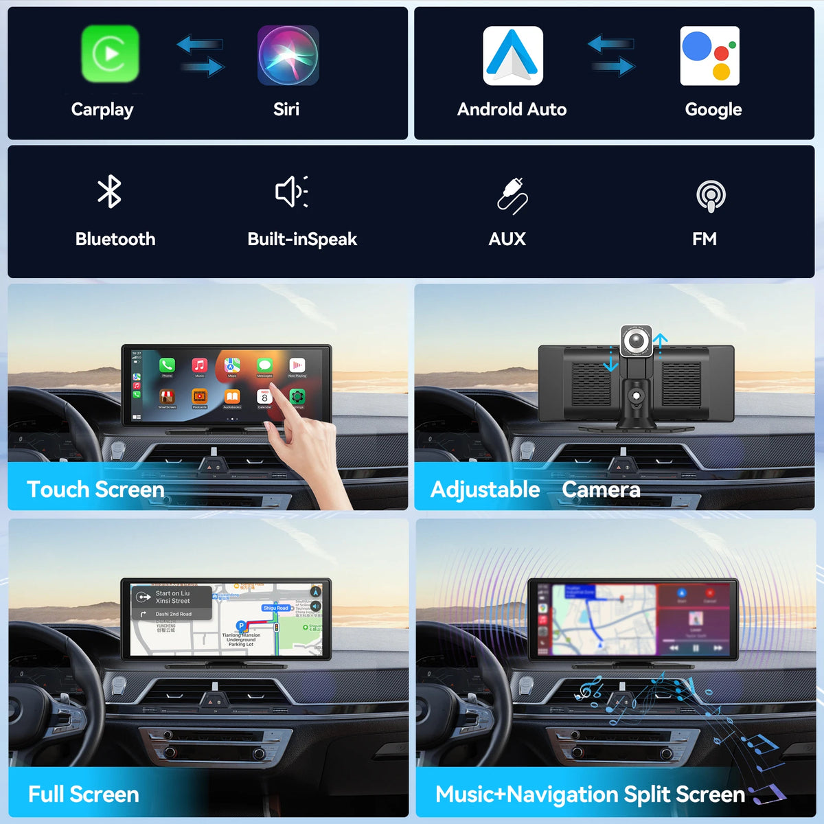 Transform Your Drive with the Universal Wireless CarPlay & Android Auto 10.2-Inch Touchscreen Portable Screen