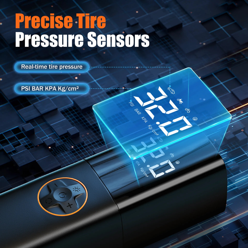 Powerful Portable Tire Inflator - Cordless 150PSI Air Compressor with Smart Dual Screen & LED Light for Cars, Bikes, and More