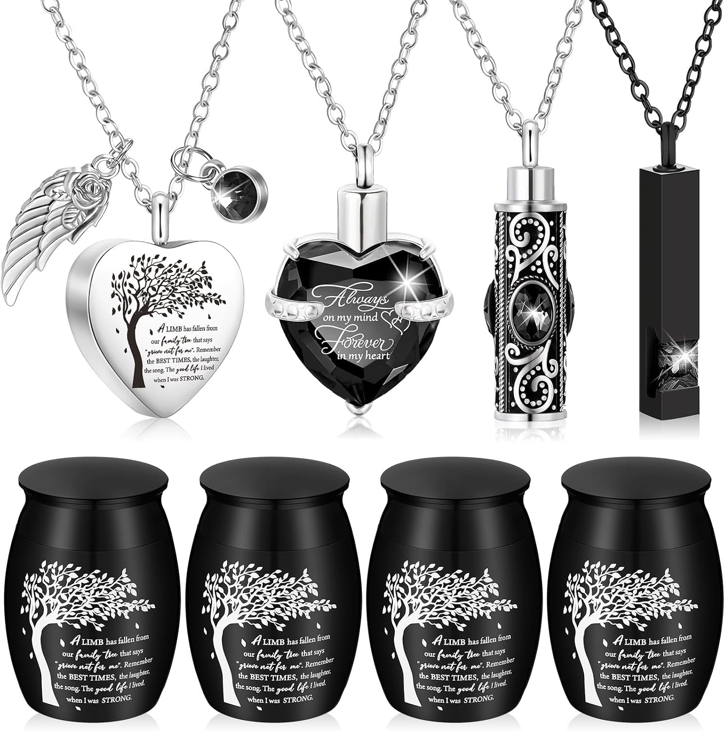 Elegant Set of 8 Small Cremation Urns for Ashes - Waterproof Keepsake Necklaces with Heart Locket in Dark Blue