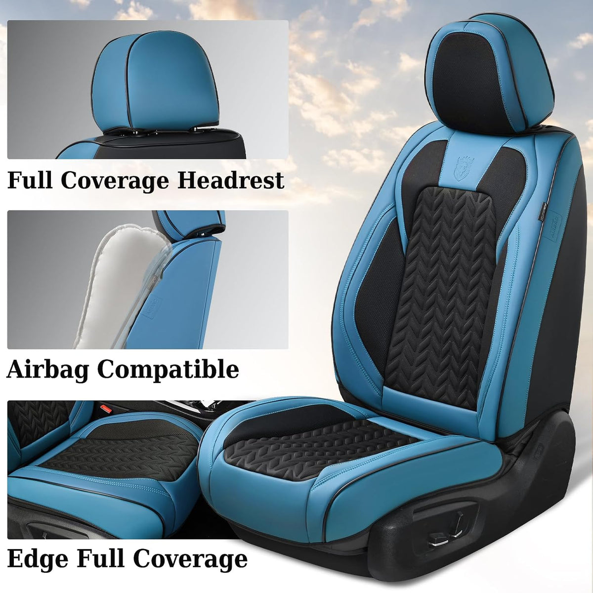 Elevate Your Ride with Coverado Winter Car Seat Covers - Stylish Blue Faux Leather, 2-Piece Front Seat Protection Set