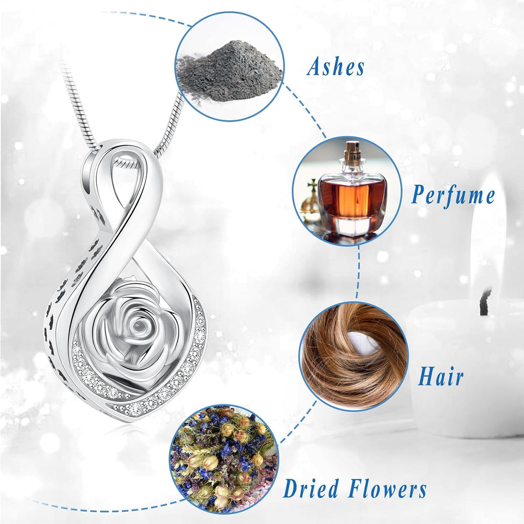 Cherish Their Memory: Elegant Roseflower Infinity Urn Necklace for Ashes - A Heartfelt Memorial Keepsake for Women and Pets