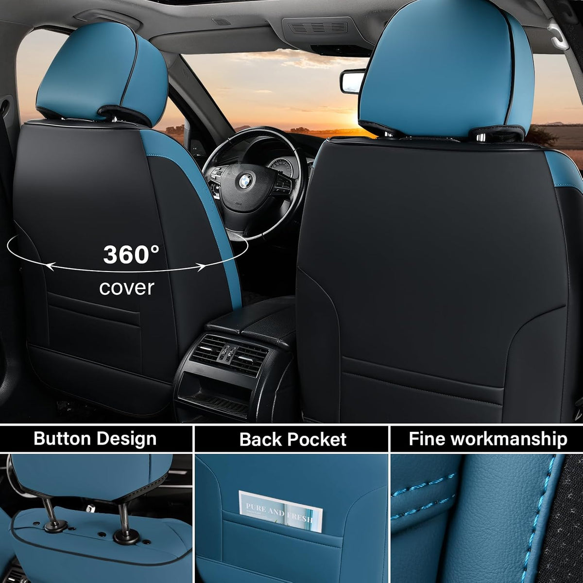 Elevate Your Ride with Coverado Winter Car Seat Covers - Stylish Blue Faux Leather, 2-Piece Front Seat Protection Set