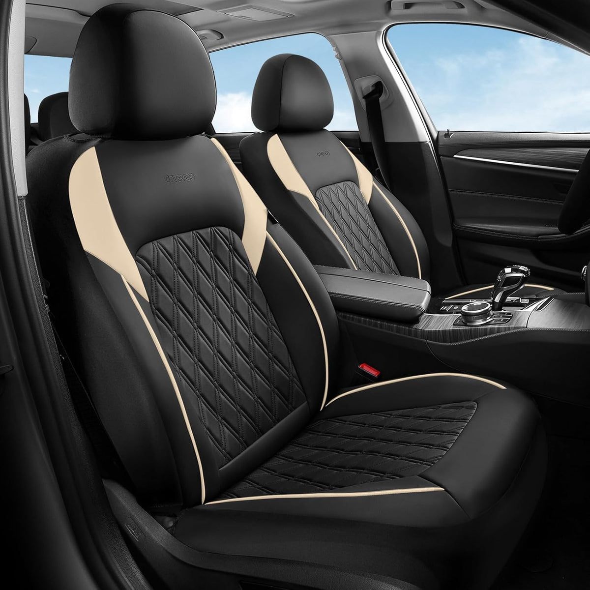 Elevate Your Ride with Coverado Winter Car Seat Covers - Stylish Blue Faux Leather, 2-Piece Front Seat Protection Set