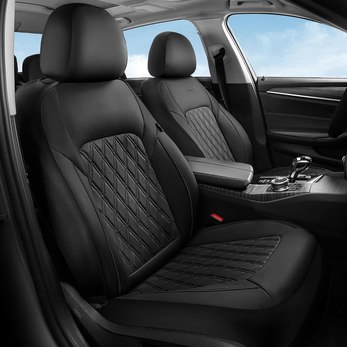 Elevate Your Ride with Coverado Winter Car Seat Covers - Stylish Blue Faux Leather, 2-Piece Front Seat Protection Set