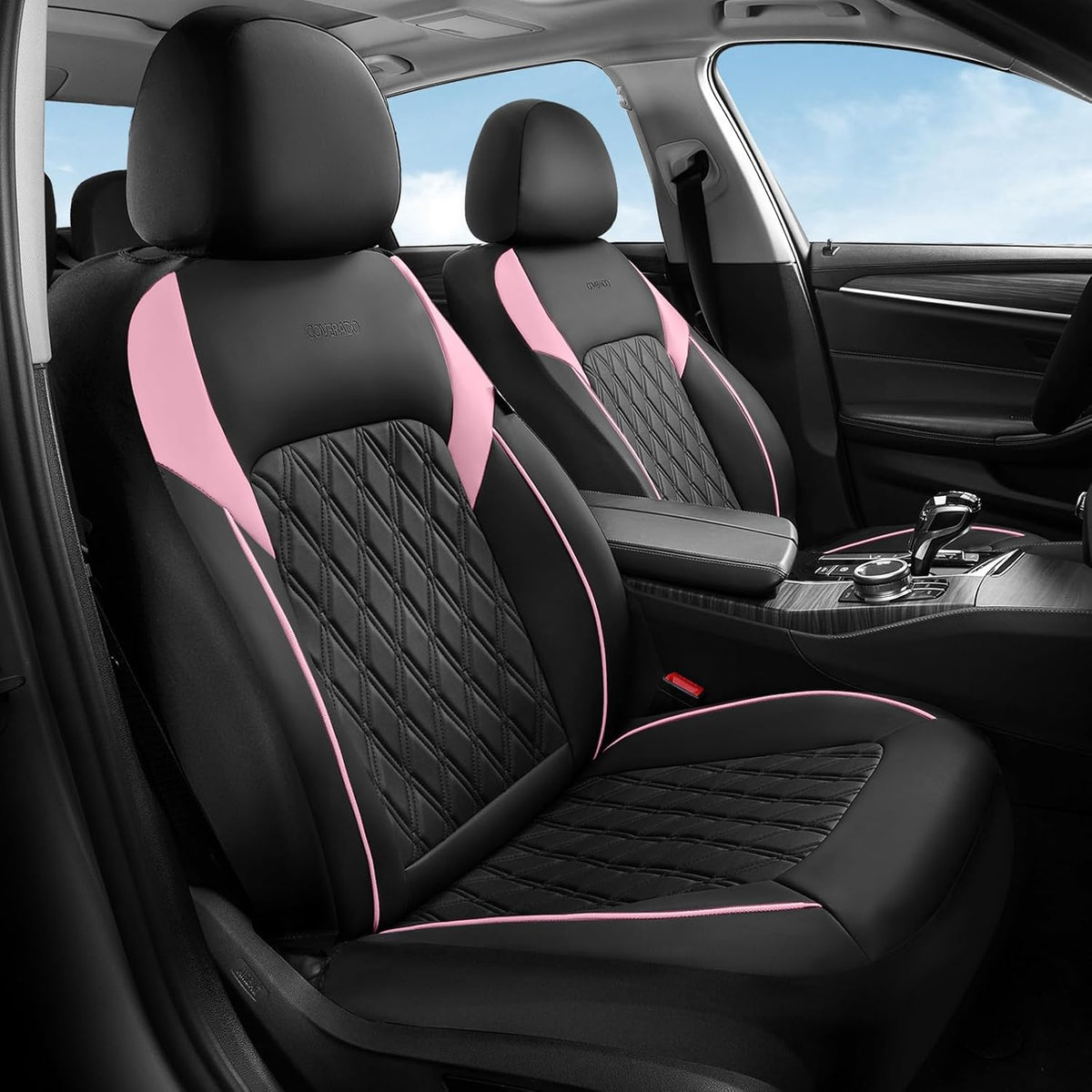 Elevate Your Ride with Coverado Winter Car Seat Covers - Stylish Blue Faux Leather, 2-Piece Front Seat Protection Set
