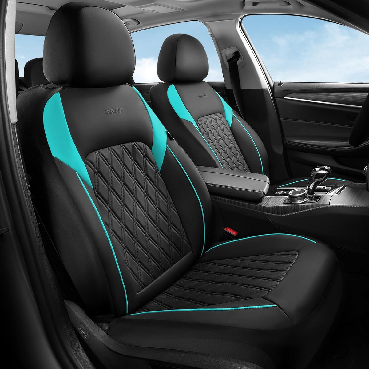 Elevate Your Ride with Coverado Winter Car Seat Covers - Stylish Blue Faux Leather, 2-Piece Front Seat Protection Set