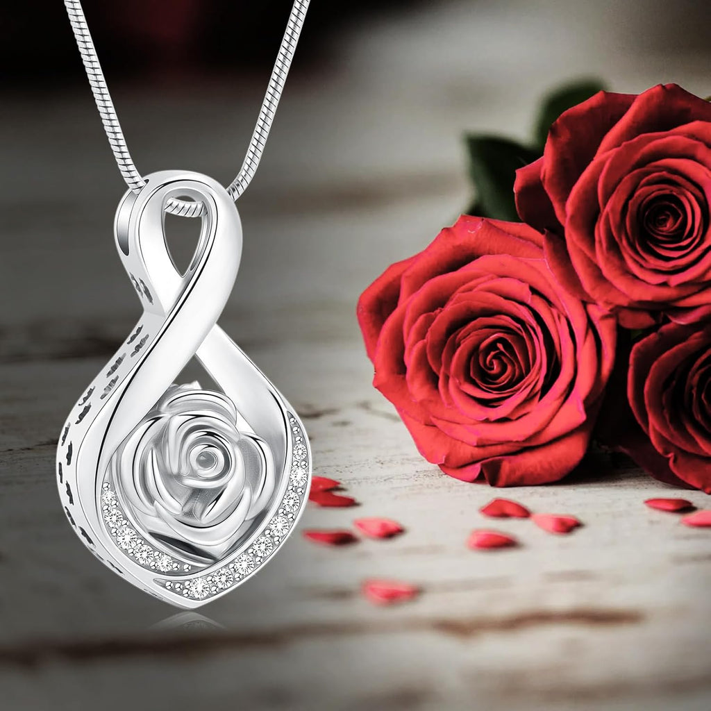 Cherish Their Memory: Elegant Roseflower Infinity Urn Necklace for Ashes - A Heartfelt Memorial Keepsake for Women and Pets