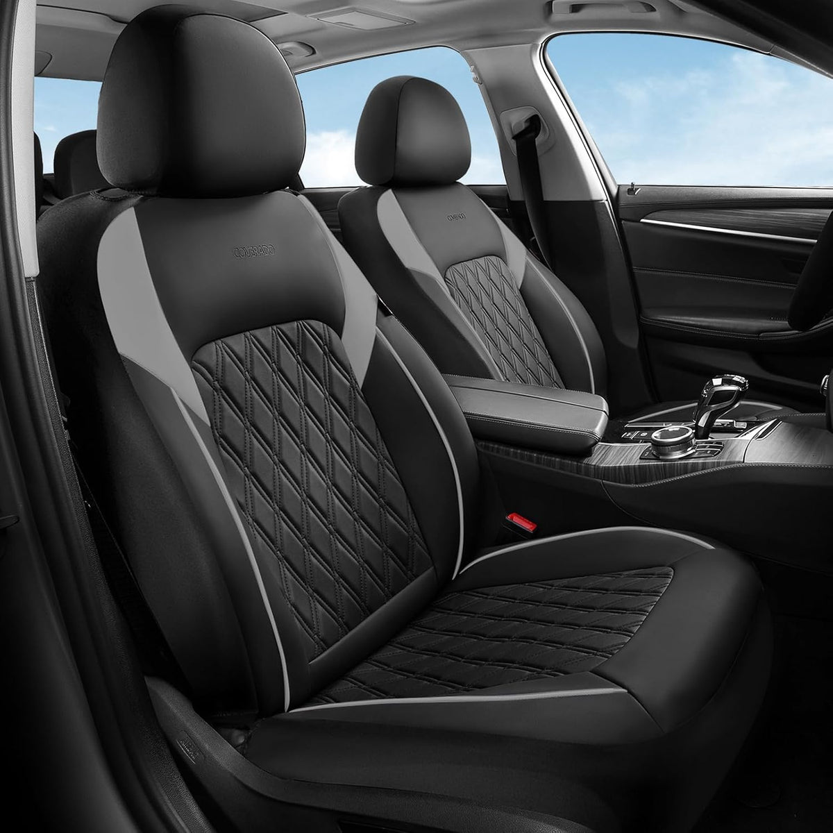 Elevate Your Ride with Coverado Winter Car Seat Covers - Stylish Blue Faux Leather, 2-Piece Front Seat Protection Set
