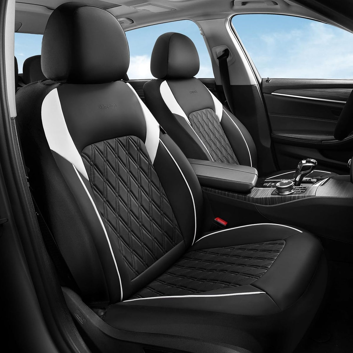 Elevate Your Ride with Coverado Winter Car Seat Covers - Stylish Blue Faux Leather, 2-Piece Front Seat Protection Set
