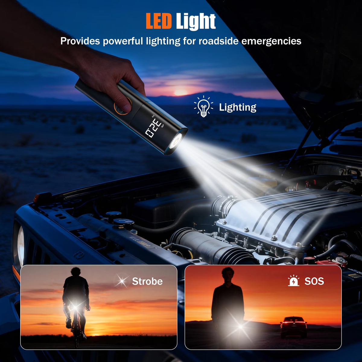 Powerful Portable Tire Inflator - Cordless 150PSI Air Compressor with Smart Dual Screen & LED Light for Cars, Bikes, and More