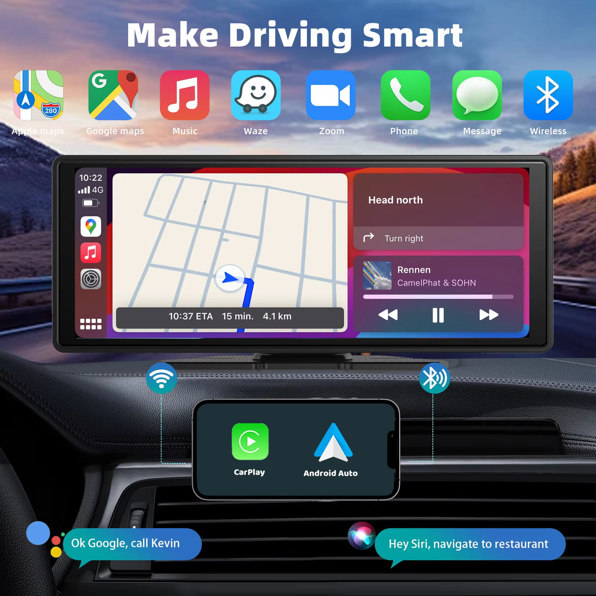 Transform Your Drive with the Universal Wireless CarPlay & Android Auto 10.2-Inch Touchscreen Portable Screen