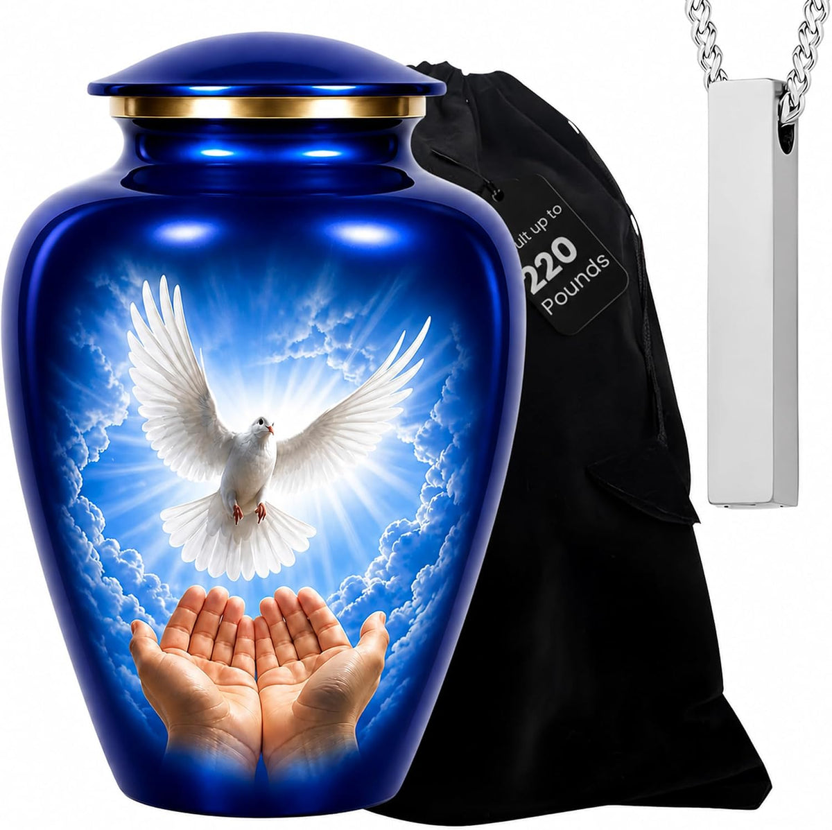 Eco-Friendly Family Tribute Blue Dove Urn Set – Large Adult Urn (220 lbs) with Four Keepsake Mini Urns and Memorial Necklace