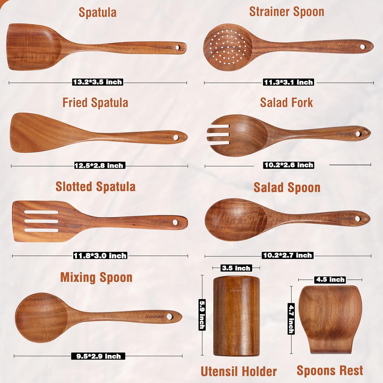 Elevate Your Cooking Experience with Our 9-Piece Natural Teak Wooden Kitchen Utensil Set - Complete with Spoon Rest and Comfort Grip Holder