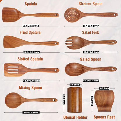 Elevate Your Cooking Experience with Our 9-Piece Natural Teak Wooden Kitchen Utensil Set - Complete with Spoon Rest and Comfort Grip Holder