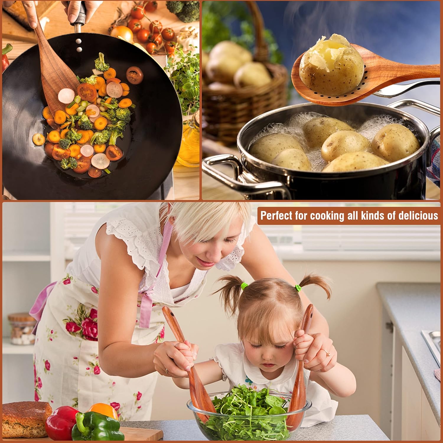Elevate Your Cooking Experience with Our 9-Piece Natural Teak Wooden Kitchen Utensil Set - Complete with Spoon Rest and Comfort Grip Holder