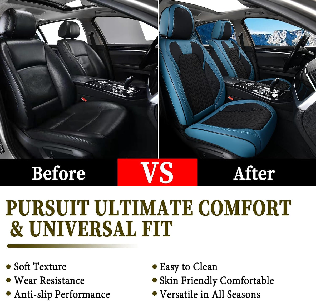 Elevate Your Ride with Coverado Winter Car Seat Covers - Stylish Blue Faux Leather, 2-Piece Front Seat Protection Set