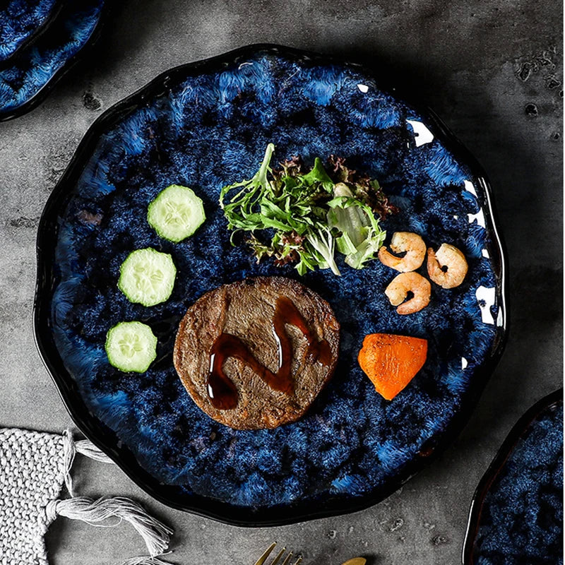 Ceramic Dinnerware Set - Blue Japanese Retro Kiln-Changed Plates and Bowls