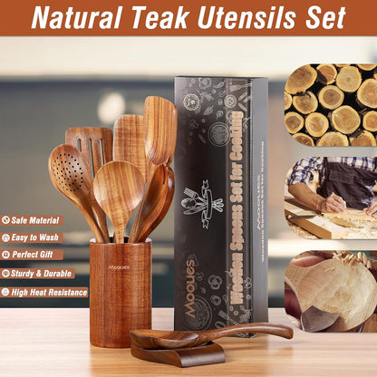 Elevate Your Cooking Experience with Our 9-Piece Natural Teak Wooden Kitchen Utensil Set - Complete with Spoon Rest and Comfort Grip Holder