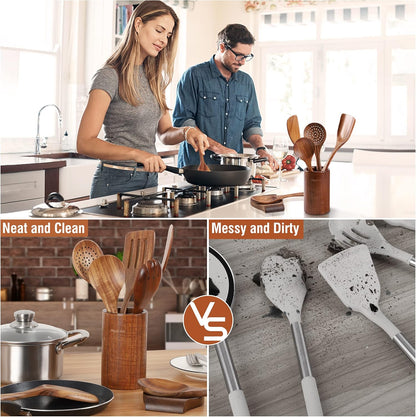 Elevate Your Cooking Experience with Our 9-Piece Natural Teak Wooden Kitchen Utensil Set - Complete with Spoon Rest and Comfort Grip Holder