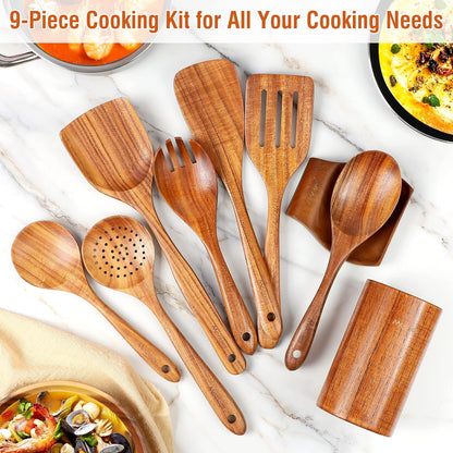 Elevate Your Cooking Experience with Our 9-Piece Natural Teak Wooden Kitchen Utensil Set - Complete with Spoon Rest and Comfort Grip Holder
