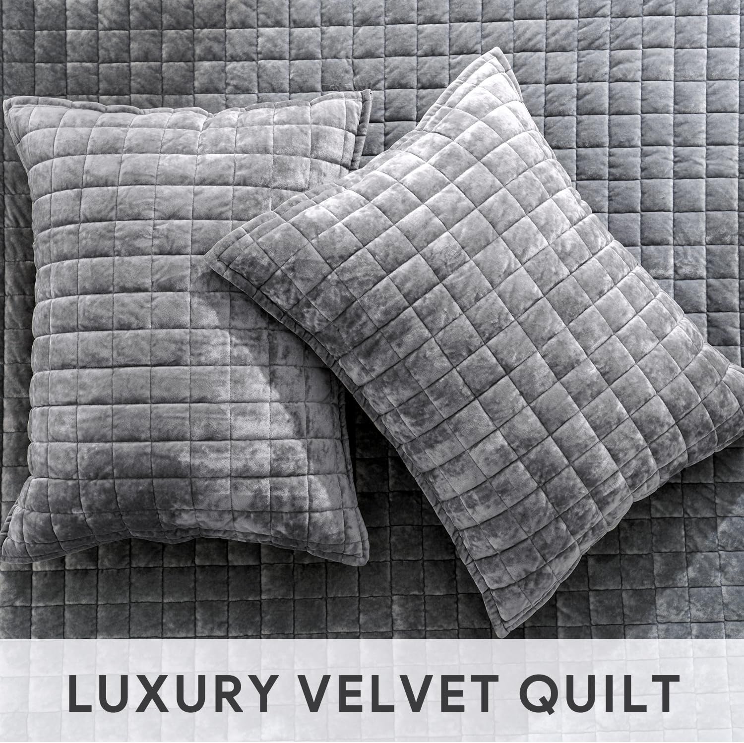 Premium Velvet Quilt Set for Full/Queen Size Beds, Lightweight Comforter with Oversized Bedspread and 2 Coordinating Pillow Shams, All-Season Bedding in Gray