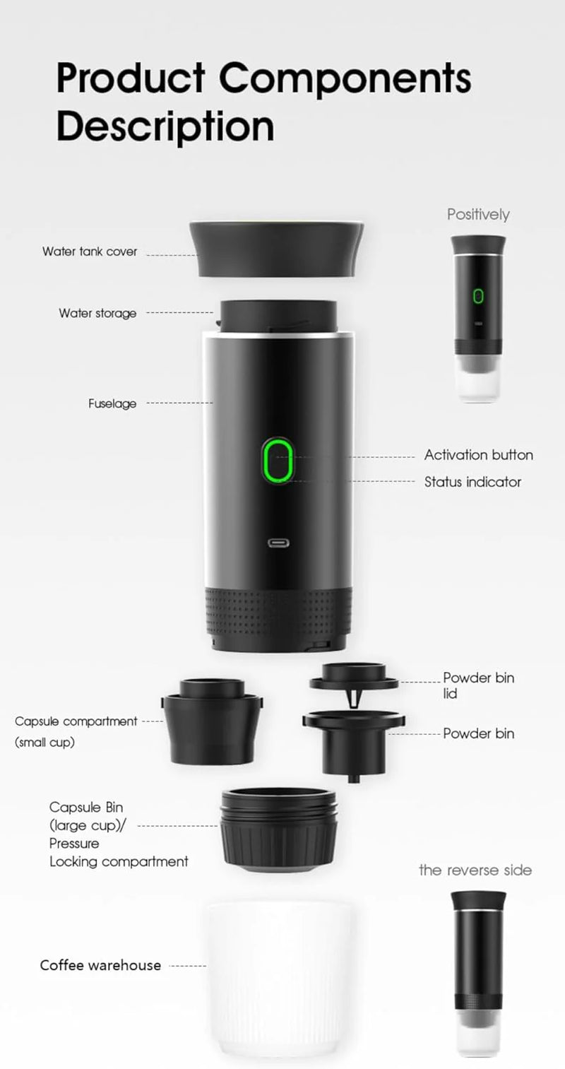 Ultimate Wireless Portable Electric Coffee Maker: Rechargeable, Self-Heating Espresso Machine for Travel, Camping, Home & Office