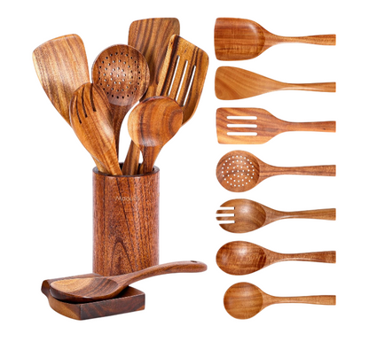 Elevate Your Cooking Experience with Our 9-Piece Natural Teak Wooden Kitchen Utensil Set - Complete with Spoon Rest and Comfort Grip Holder