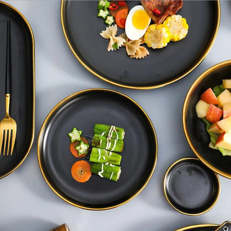 Elevate Your Dining Experience with the Luxurious Gilt Rim Black Porcelain Dinnerware Set - Perfect for Rice, Salads, Noodles, and More!
