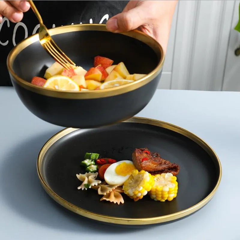Elevate Your Dining Experience with the Luxurious Gilt Rim Black Porcelain Dinnerware Set - Perfect for Rice, Salads, Noodles, and More!
