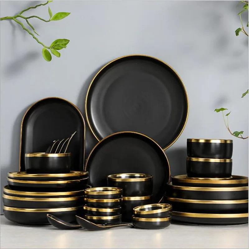Elevate Your Dining Experience with the Luxurious Gilt Rim Black Porcelain Dinnerware Set - Perfect for Rice, Salads, Noodles, and More!