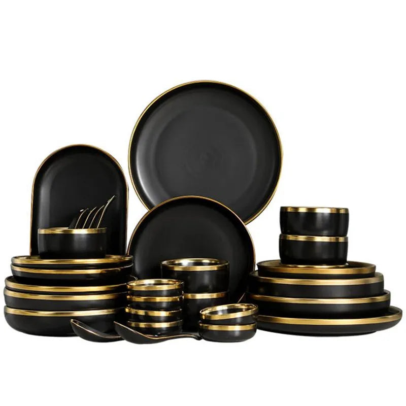 Elevate Your Dining Experience with the Luxurious Gilt Rim Black Porcelain Dinnerware Set - Perfect for Rice, Salads, Noodles, and More!
