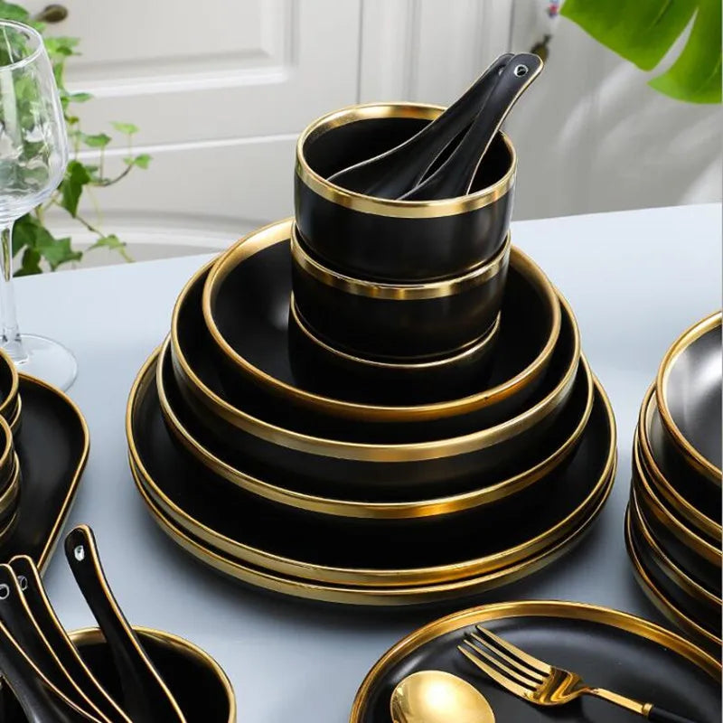 Elevate Your Dining Experience with the Luxurious Gilt Rim Black Porcelain Dinnerware Set - Perfect for Rice, Salads, Noodles, and More!