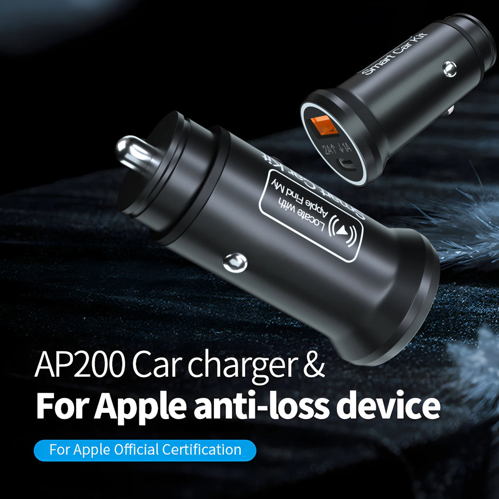 20W Fast Car Charger with USB Type C QC3.0 and iPhone GPS Locator for Apple Find My App - 2 in 1 Solution