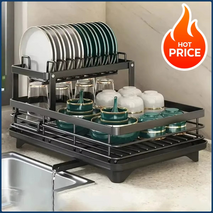 Revolutionize Your Kitchen with the Adjustable 2-Tier Dish Drainer Rack – The Ultimate Space-Saving Organizer for Plates, Cups & Cutlery
