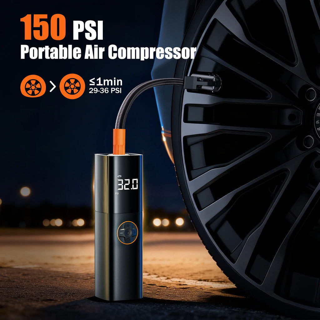 Powerful Portable Tire Inflator - Cordless 150PSI Air Compressor with Smart Dual Screen & LED Light for Cars, Bikes, and More
