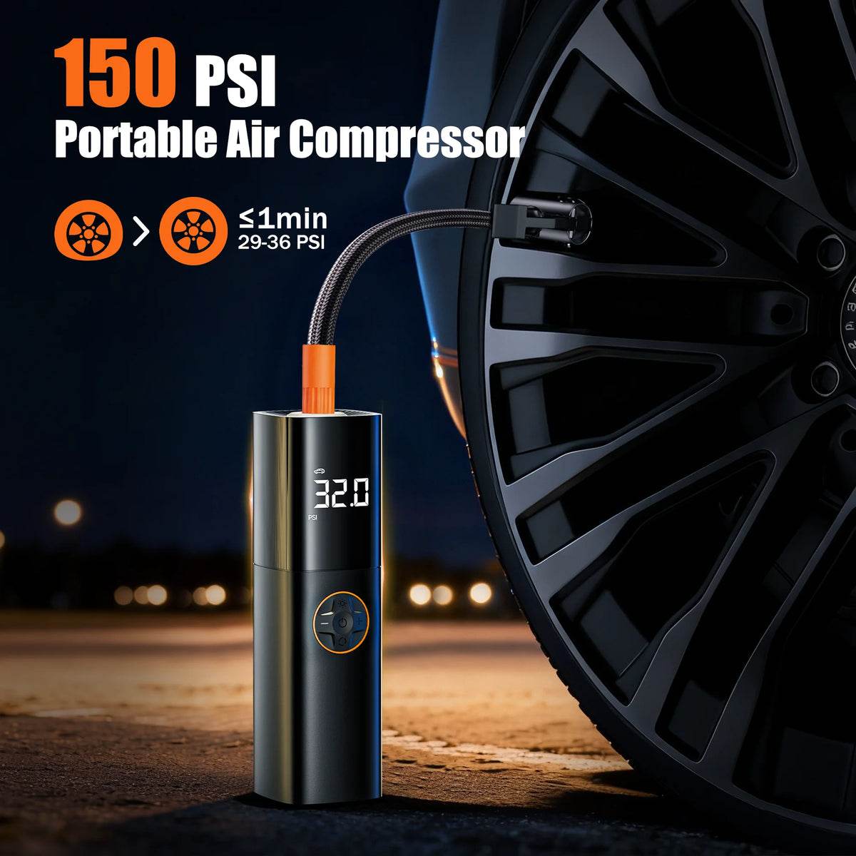 Powerful Portable Tire Inflator - Cordless 150PSI Air Compressor with Smart Dual Screen & LED Light for Cars, Bikes, and More