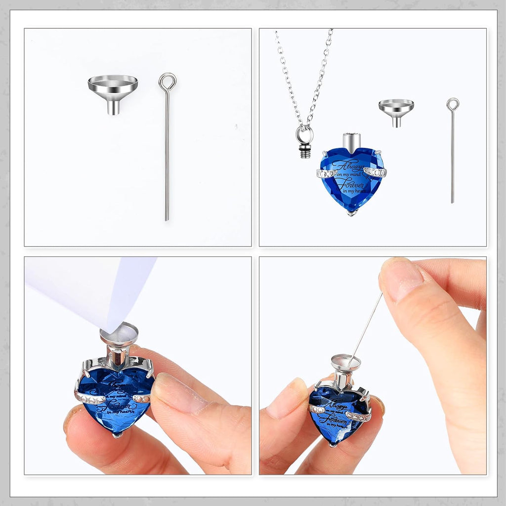 Elegant Set of 8 Small Cremation Urns for Ashes - Waterproof Keepsake Necklaces with Heart Locket in Dark Blue
