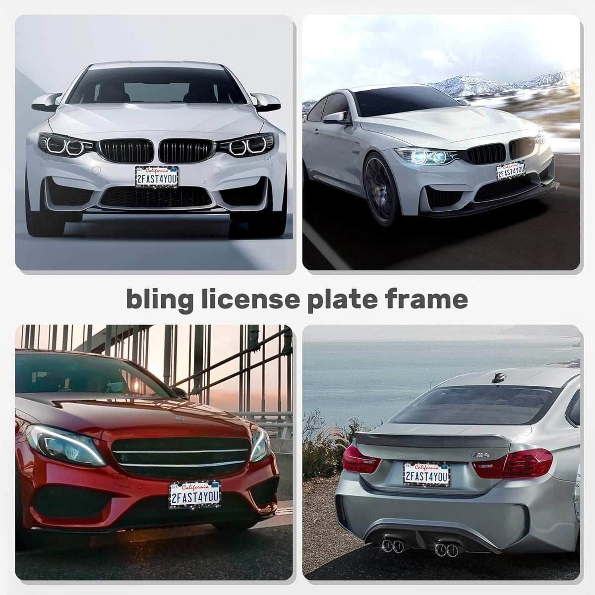 Set of 2 Rhinestone License Plate Frames, Elegant Stainless Steel Car Accessories with Glittering Crystal Caps (Black)