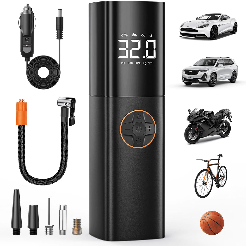 Powerful Portable Tire Inflator - Cordless 150PSI Air Compressor with Smart Dual Screen & LED Light for Cars, Bikes, and More