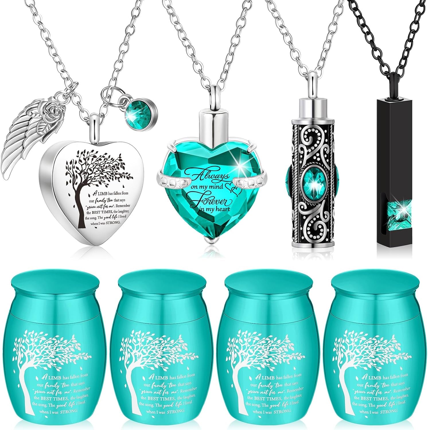Elegant Set of 8 Small Cremation Urns for Ashes - Waterproof Keepsake Necklaces with Heart Locket in Dark Blue