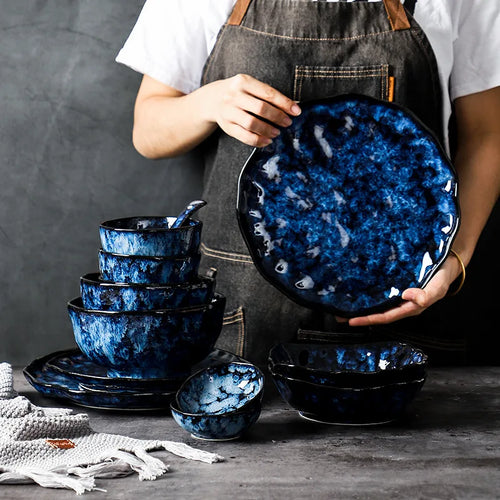 Ceramic Dinnerware Set - Blue Japanese Retro Kiln-Changed Plates and Bowls