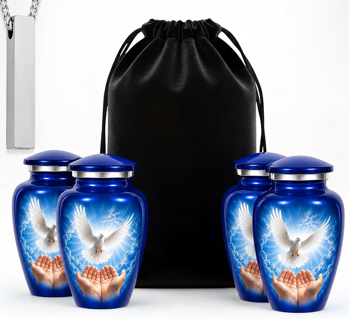 Eco-Friendly Family Tribute Blue Dove Urn Set – Large Adult Urn (220 lbs) with Four Keepsake Mini Urns and Memorial Necklace
