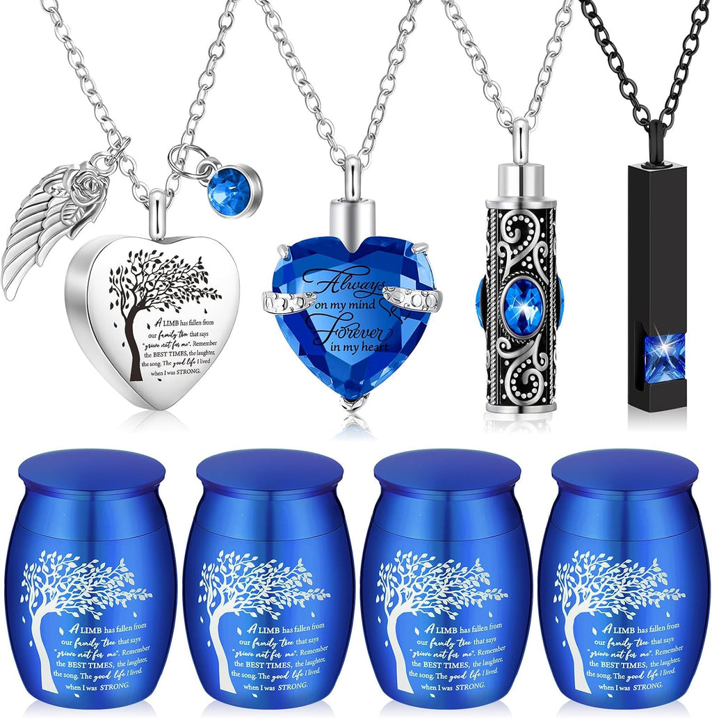 Elegant Set of 8 Small Cremation Urns for Ashes - Waterproof Keepsake Necklaces with Heart Locket in Dark Blue